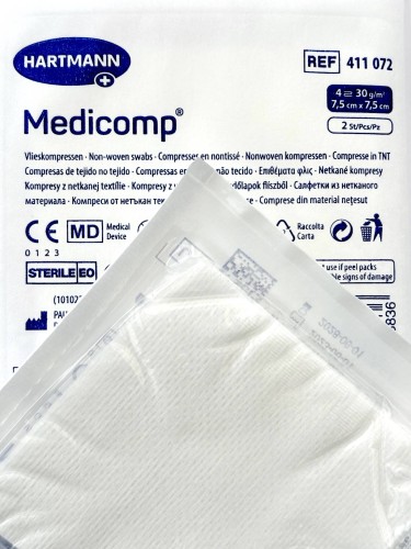 Sterylne kompresy włókninowe 7,5 x 7,5cm, Medicomp, 25x2 (50szt) Hartmann