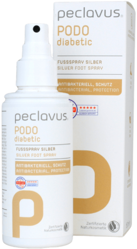 Peclavus® PODOdiabetic spray do stóp z mikrosrebrem, 150 ml  opakowanie i spray