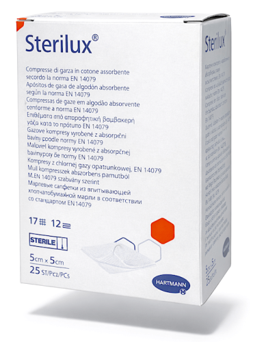 Kompresy jałowe STERILUX , 5x5 cm 12 warstwowe, gazowe, 17 nitkowa, Hartmann, opakowanie